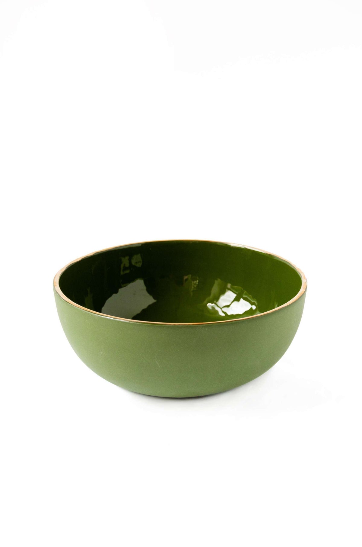 Handmade green porcelain salad bowl with gold rim and shiny glaze