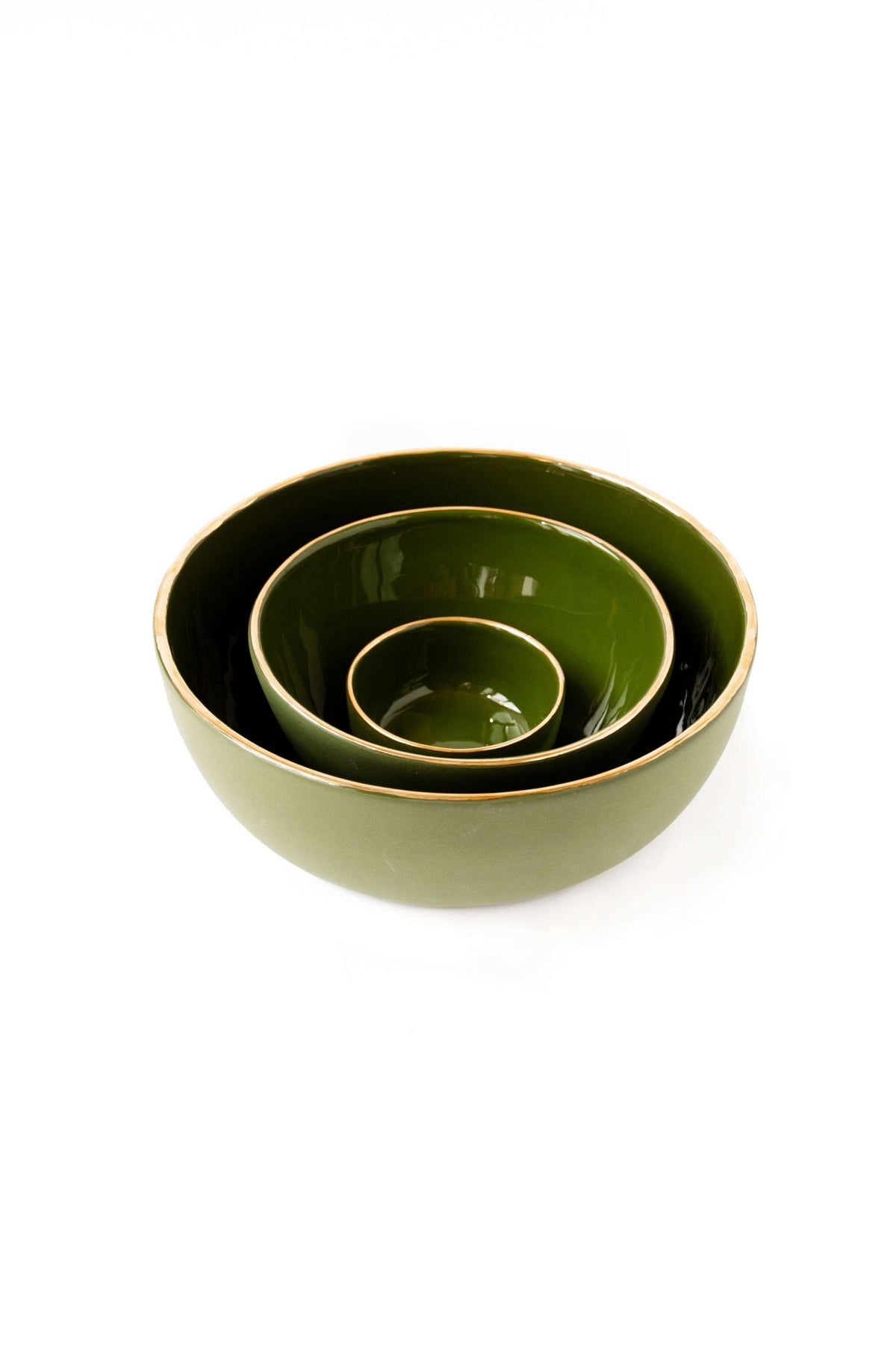 Handmade green porcelain bowl with gold rim, shiny glaze, polished finish, and elegant design