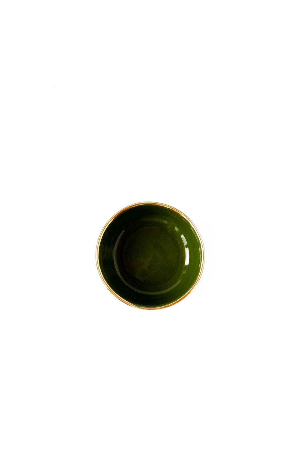 Handmade porcelain pinch bowl with green glaze and gold rim