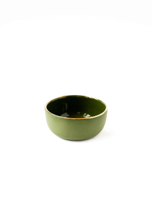 Handmade porcelain pinch bowl with gold rim in green, deep sauce dish for condiments, dishwasher-safe, made in Ukraine