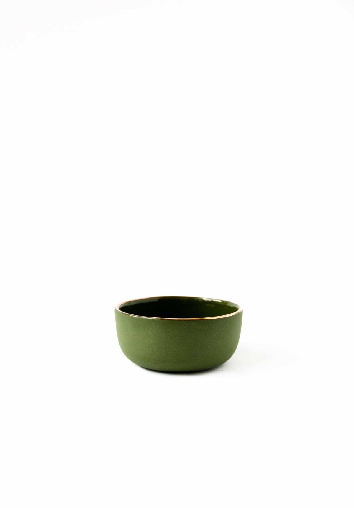 Handmade deep green porcelain pinch bowl with gold rim for condiments