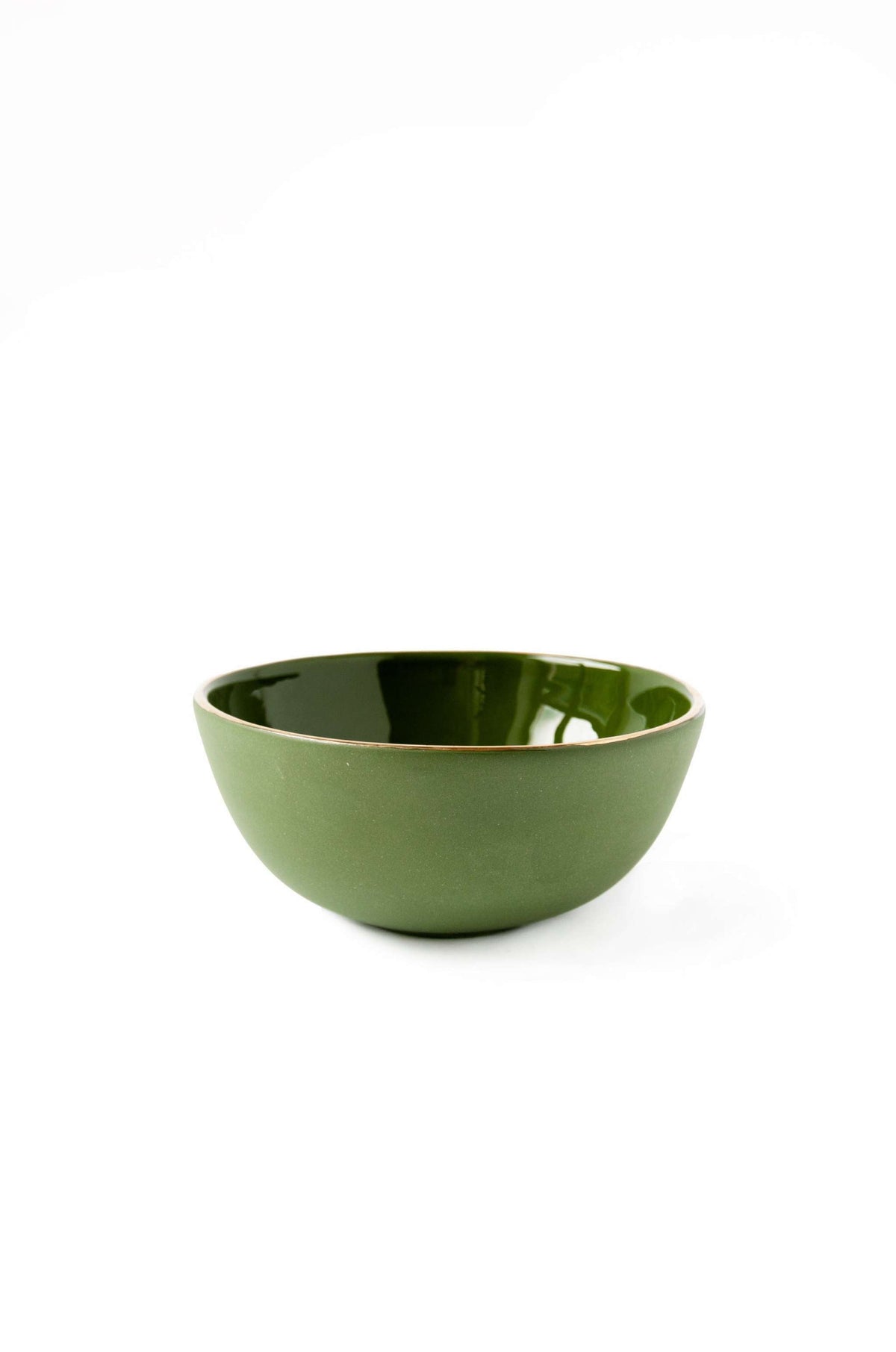 Handmade green porcelain bowl with gold rim, food-safe, dishwasher safe, and lead-free materials