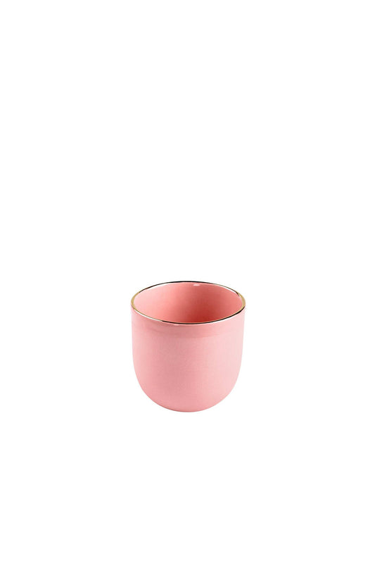 Handmade porcelain coffee cup with powder pink glaze and gold rim, elegant and unique