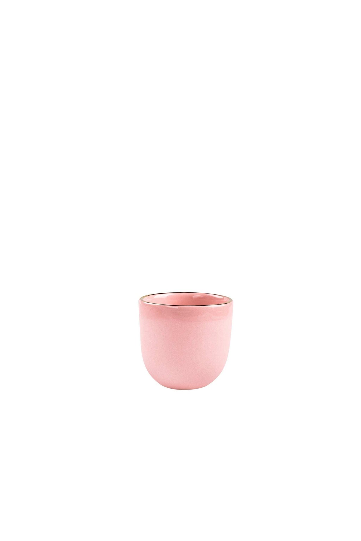 Handmade porcelain espresso cup in powder pink with gold rim and smooth glaze interior