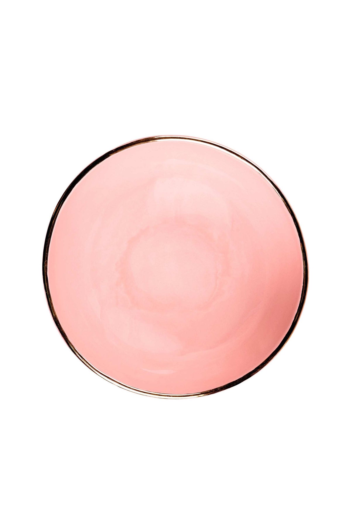 Handmade porcelain pink salad bowl with gold rim and glossy finish