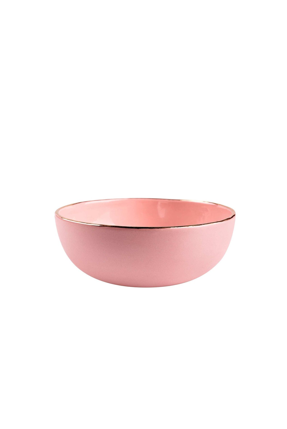 Handmade porcelain pink salad bowl with gold rim and glossy glaze