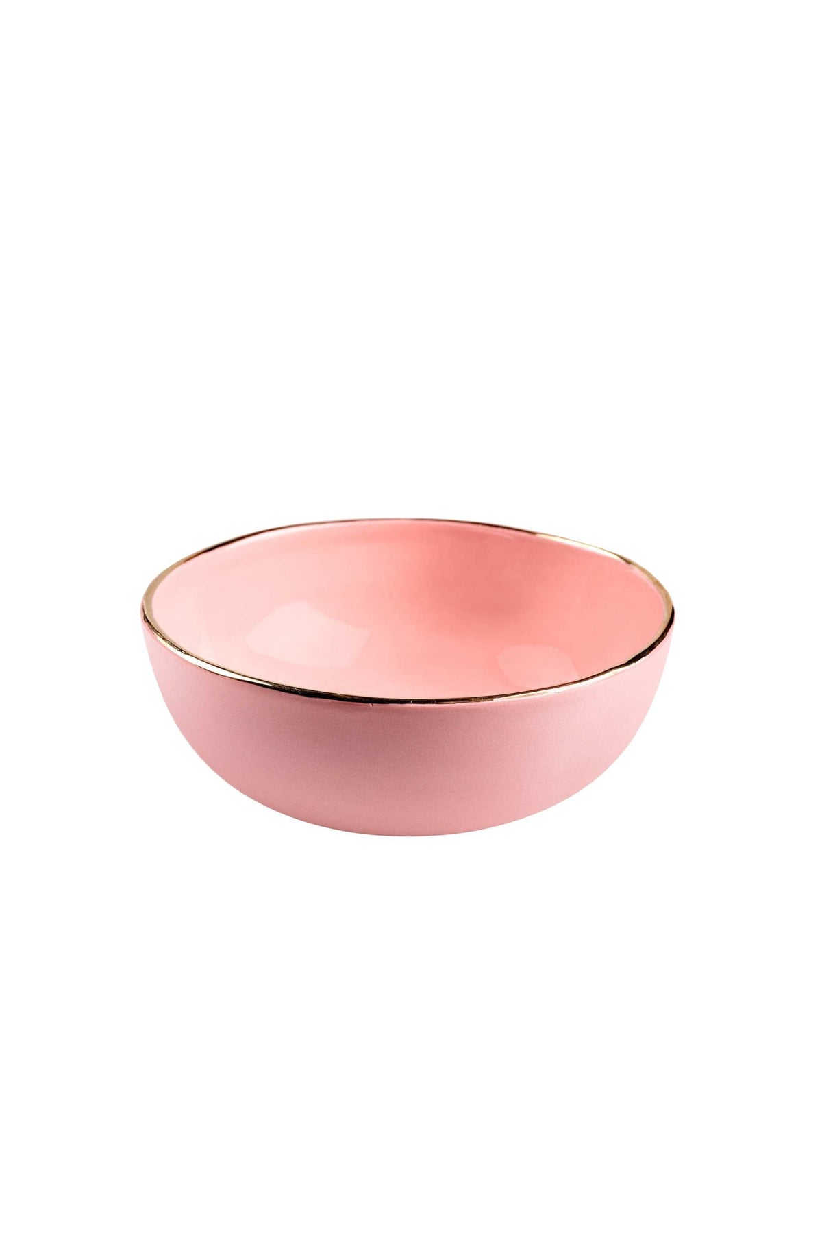 Handmade porcelain pink salad bowl with gold rim and shiny glaze