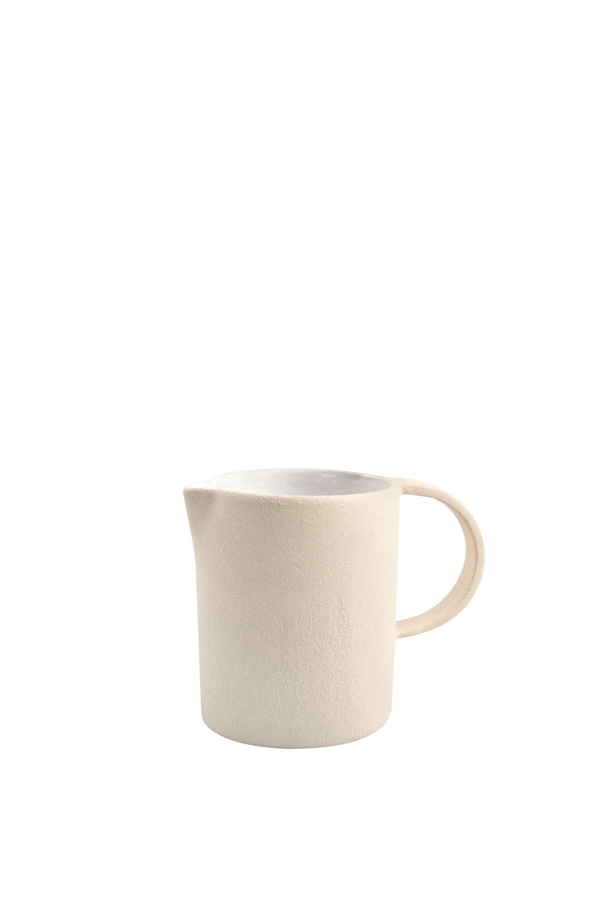 Handmade stoneware pitcher with natural rough texture and white glazed interior, classic design, made in Ukraine