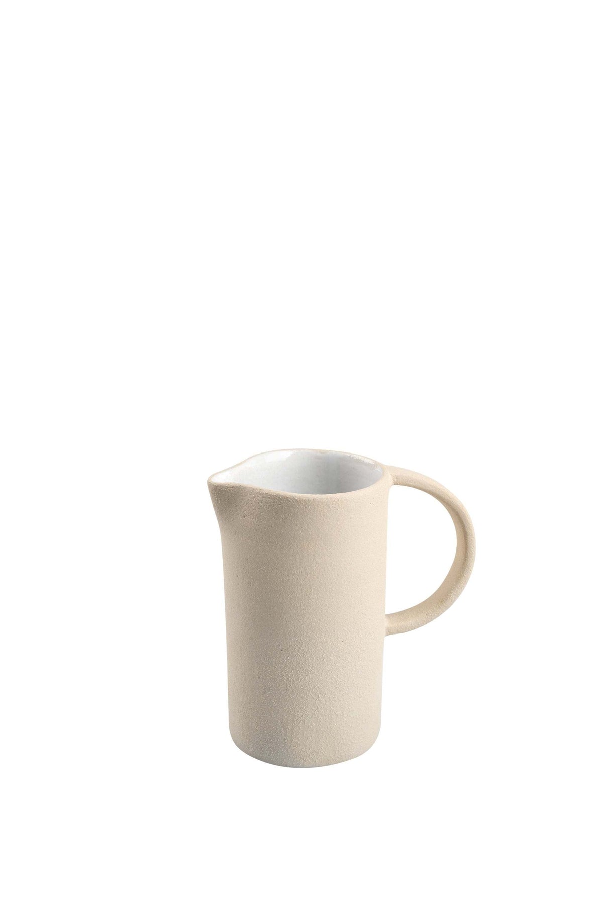 Handmade stoneware large ceramic pitcher with white glazed interior and natural rough exterior