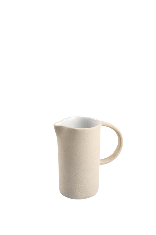 Handmade stoneware large ceramic pitcher with white glazed interior and natural rough exterior