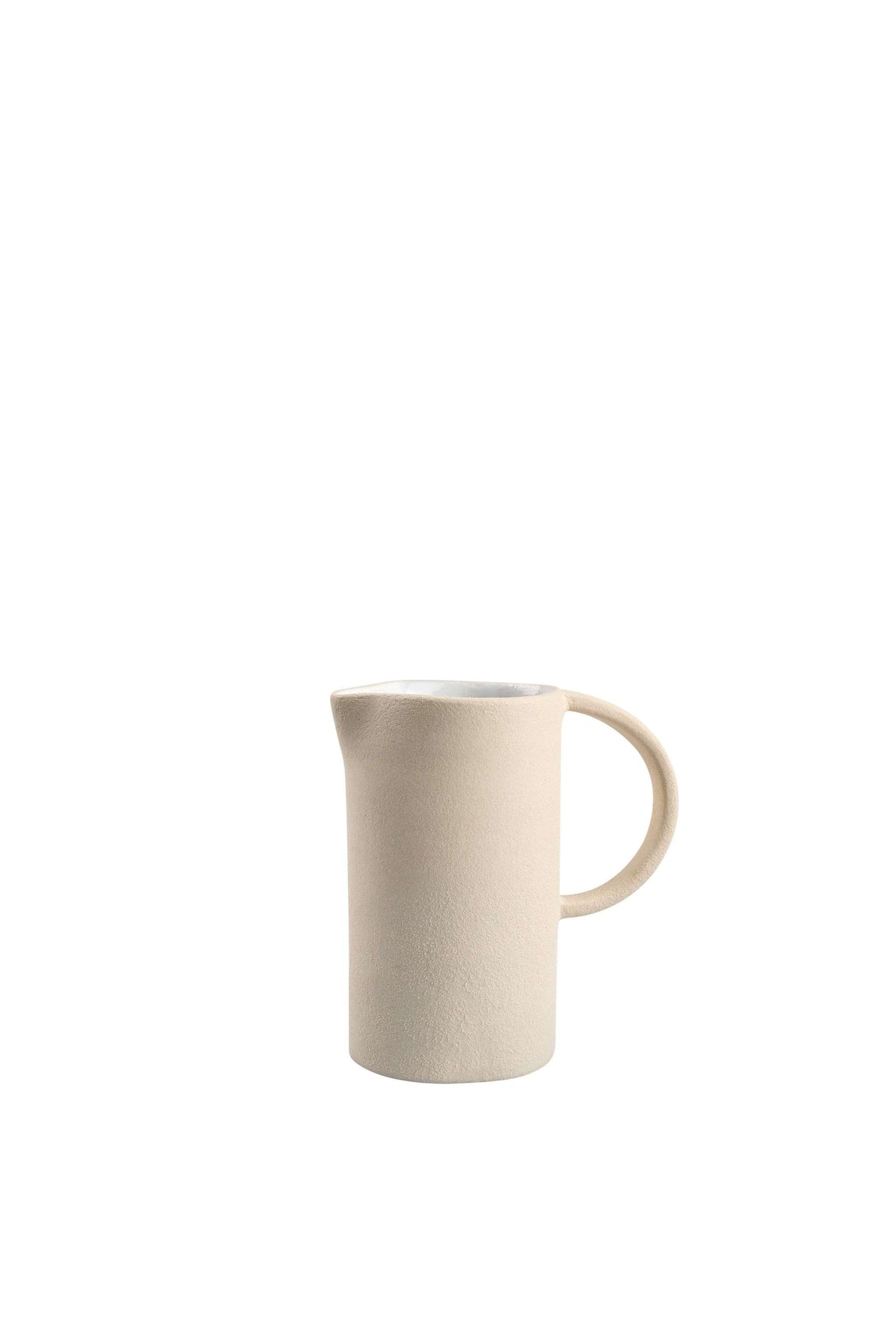 Handmade stoneware large ceramic pitcher with white glaze and natural textured exterior