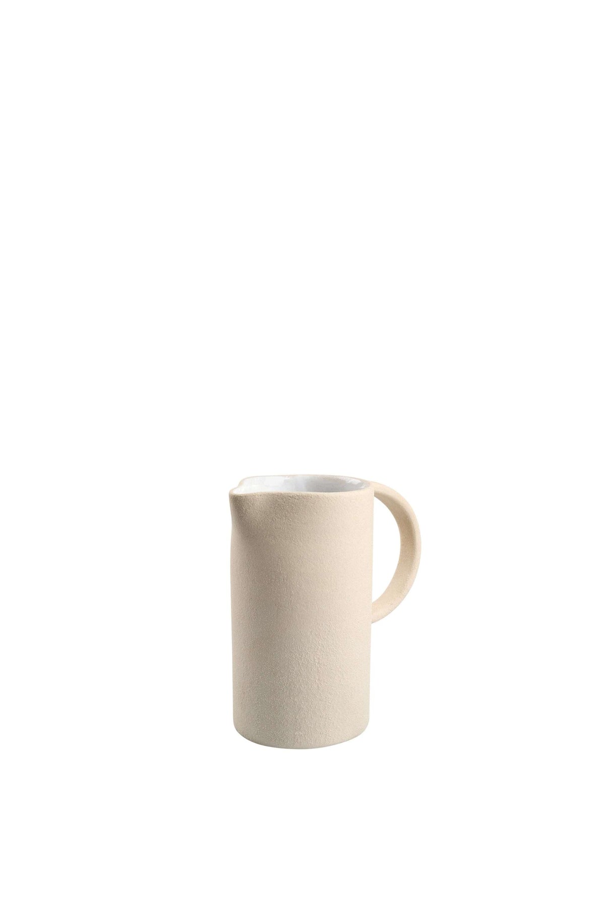 Handmade stoneware large pitcher with white glazed interior and natural rough exterior