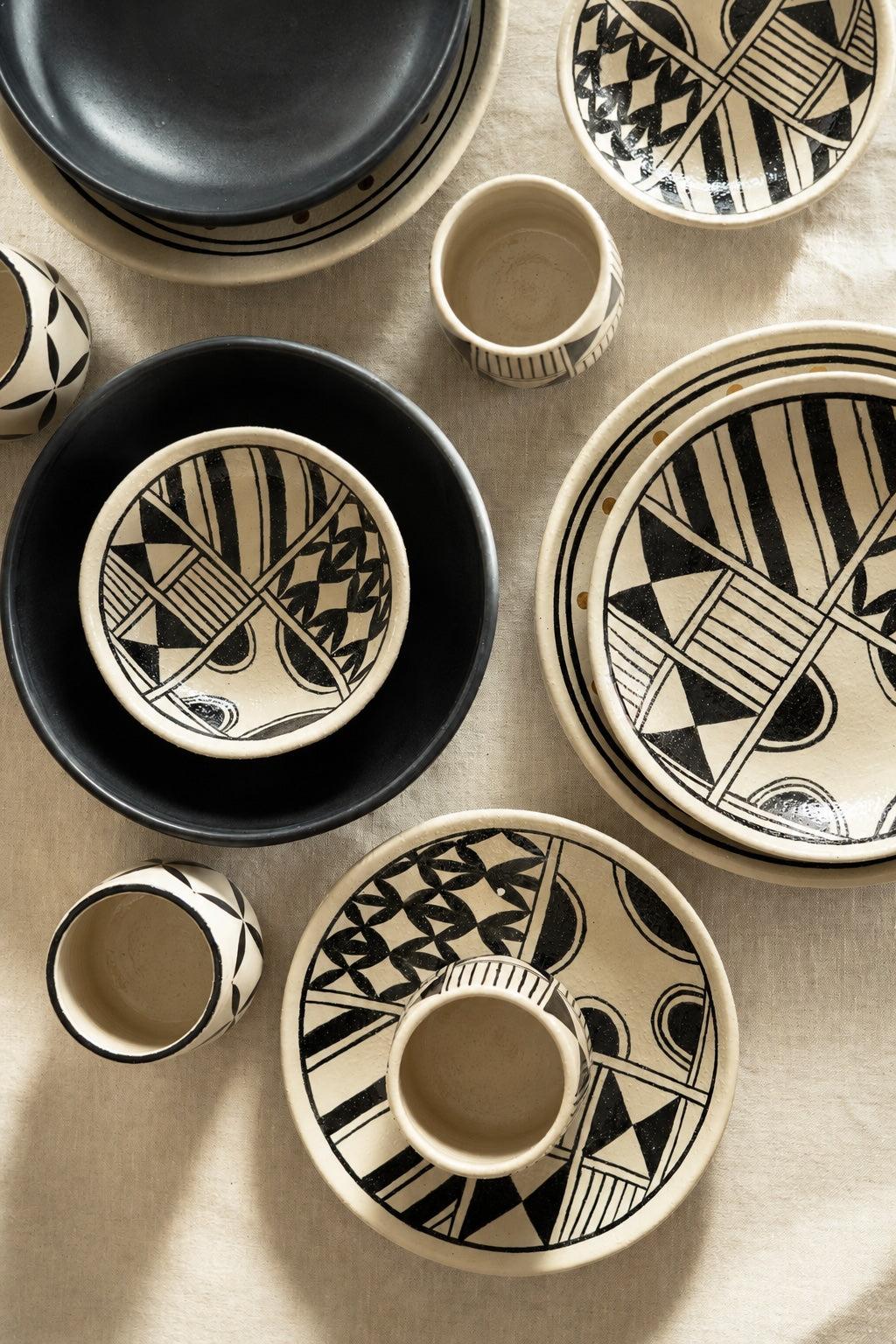 Hand Painted Stoneware Salad Plate with cream glaze and bold black geometric folk patterns, finished with a rustic rim.