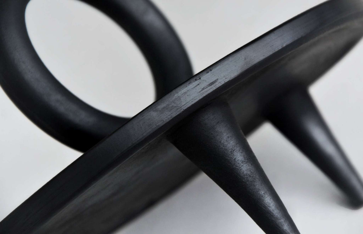 Handmade black smoked ceramic pedestal platter with unique markings, small serving platter Guculia Shadow