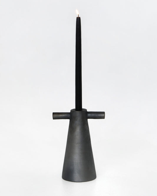 Black stoneware tall candle holder handmade in Ukraine with modern design and cultural significance