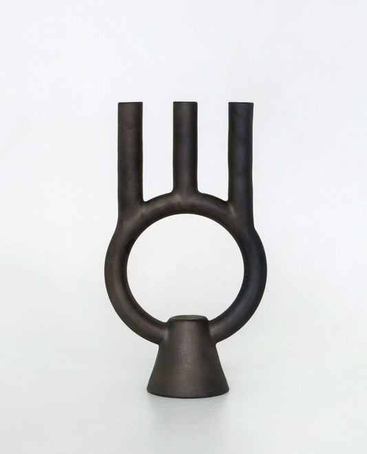 Smoke-fired ceramic black candle holder with modern handmade design by Danuta Kril