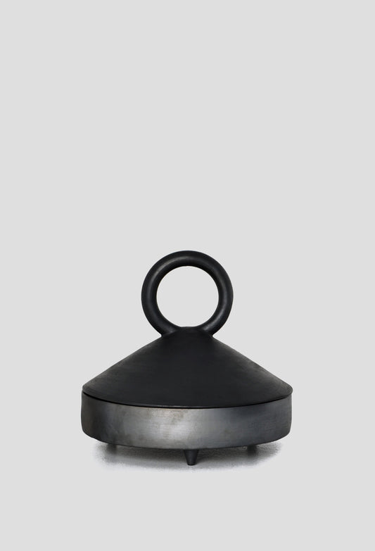 Handmade shallow serving bowl with lid made of black smoked ceramics by Danuta Kril, Ukrainian craft design