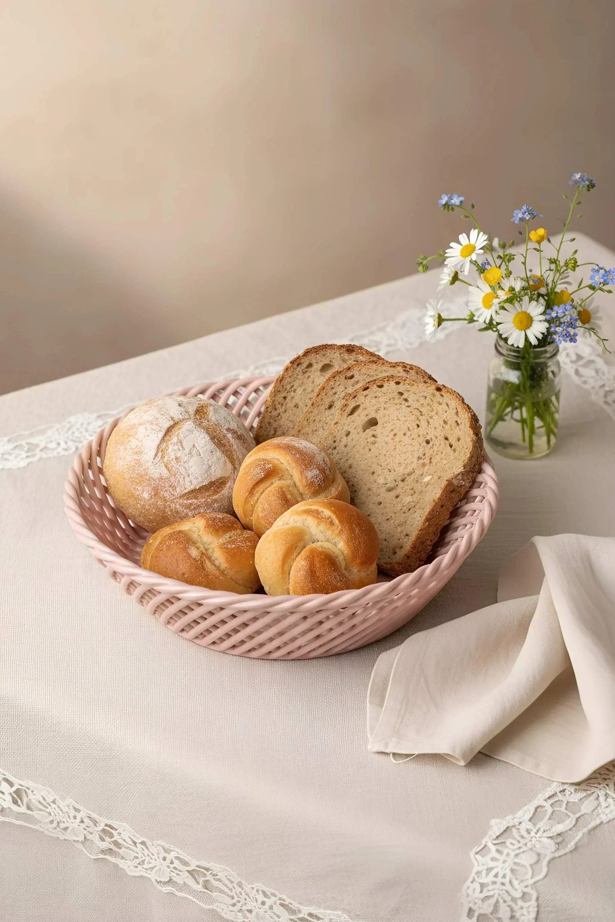 Ceramic Round Hand-Woven Basket in glossy pale pink glazed porcelain, with an open interlaced weave and rounded shape.