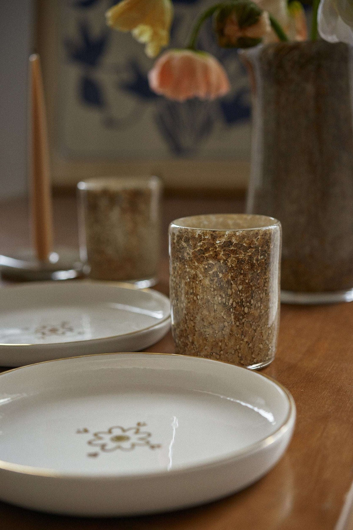 Hand blown glass tumbler with marble pattern and straight edges, unique handmade design from Ukraine