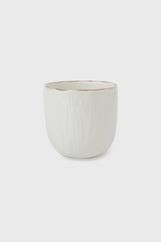 Handmade white porcelain coffee cup with gold rim and hand-carved relief texture from Relief Collection