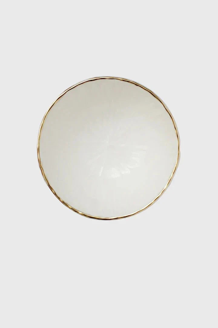 Salad bowl in Handmade White Porcelain, off-white with a subtle carved relief texture and a delicate gold rim.