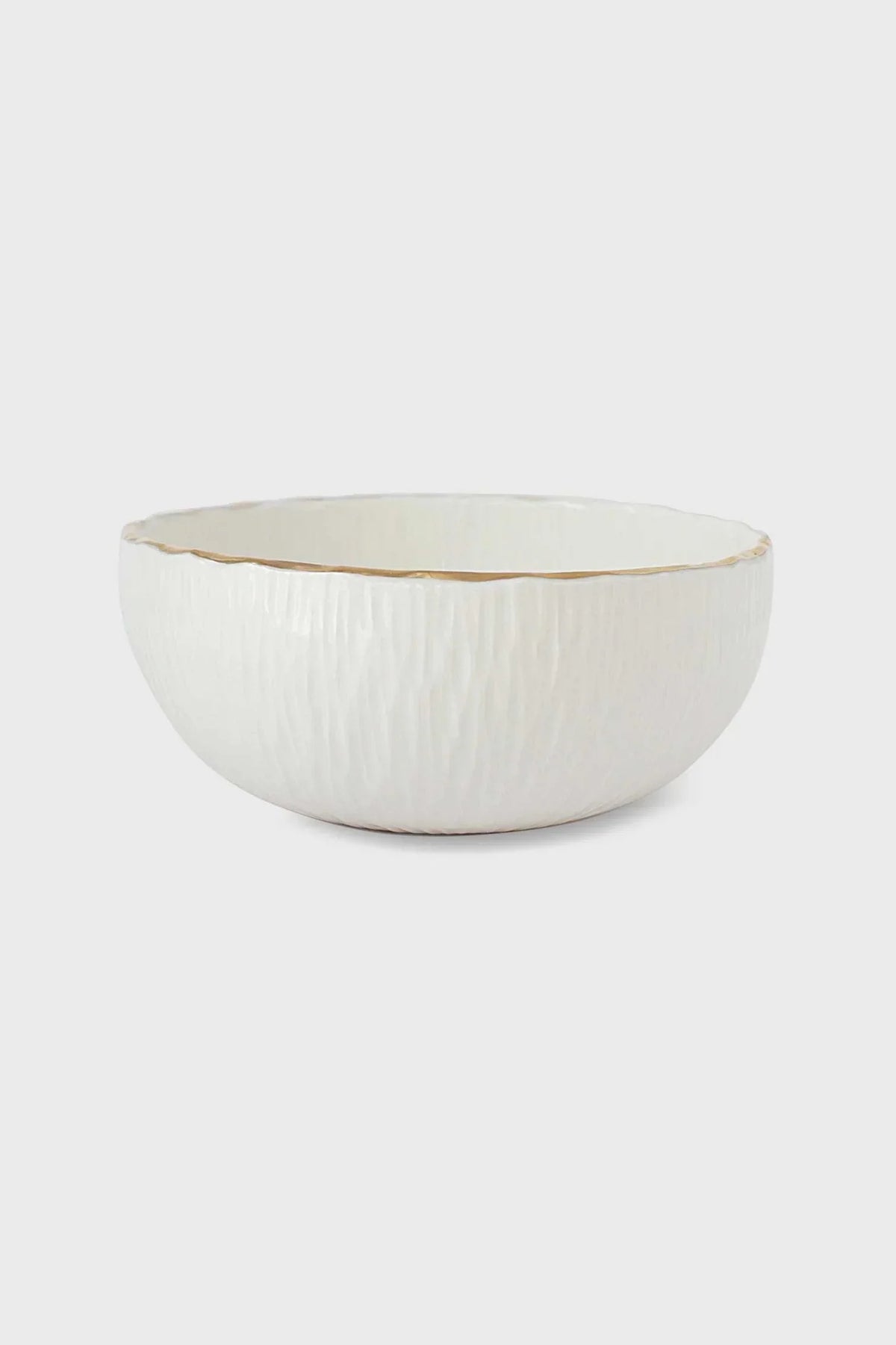 Handmade White Porcelain salad bowl with a subtly ridged off-white surface and delicate gold-painted rim.