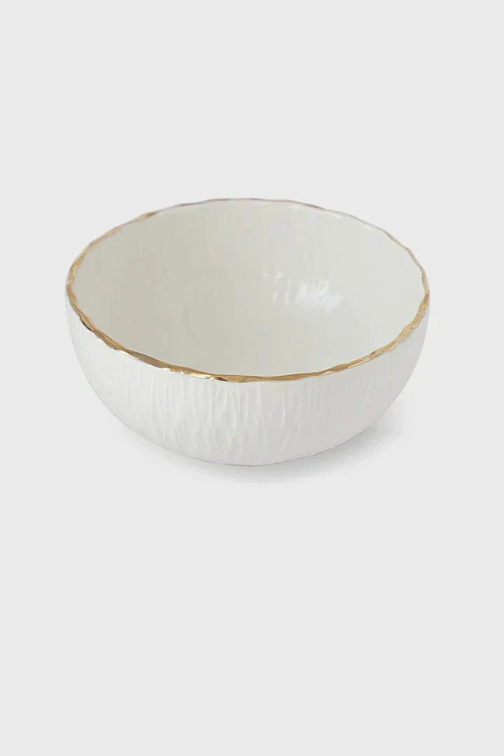 Handmade White Porcelain salad bowl in off-white with a textured relief finish and delicate hand-painted gold rim.