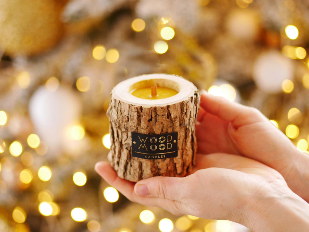 Rocky Wood Candle with multi-layer wick and winter spruce scent in natural wooden design