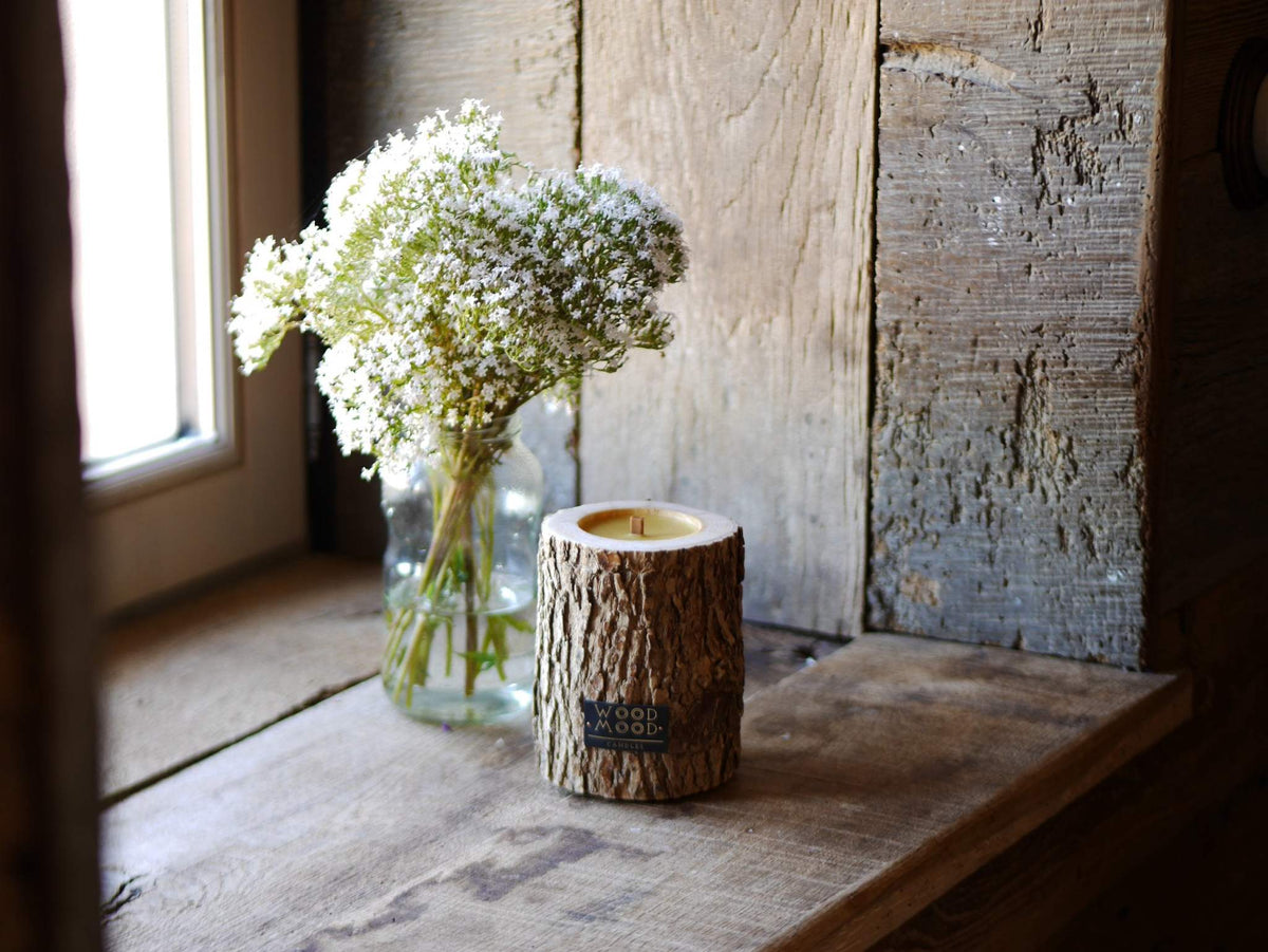 Rocky Wood Candle with multi-layer wick and Winter Spruce scent on cork foundation