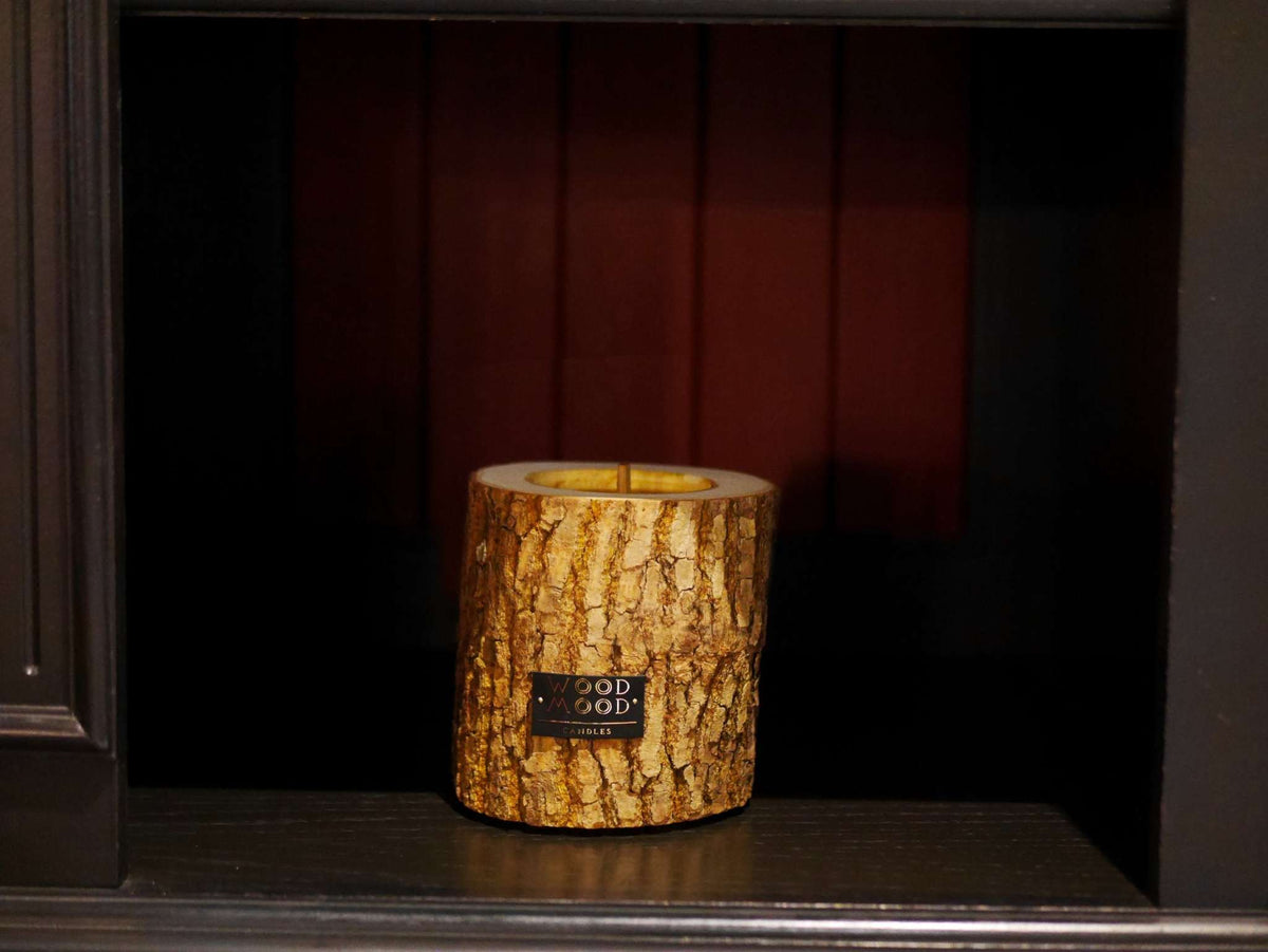 Rocky Wood Candle with multi-layer wick and Winter Spruce scent on leather base