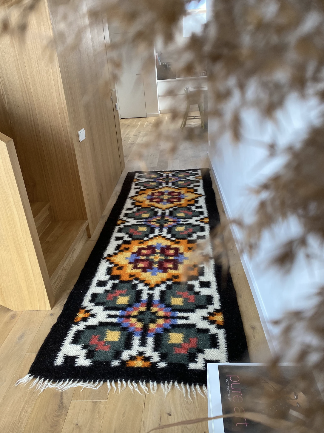 Handwoven wool runner with traditional Carpathian pattern made from 100% sheep wool, 3.4' x 6.5', crafted in Ukraine