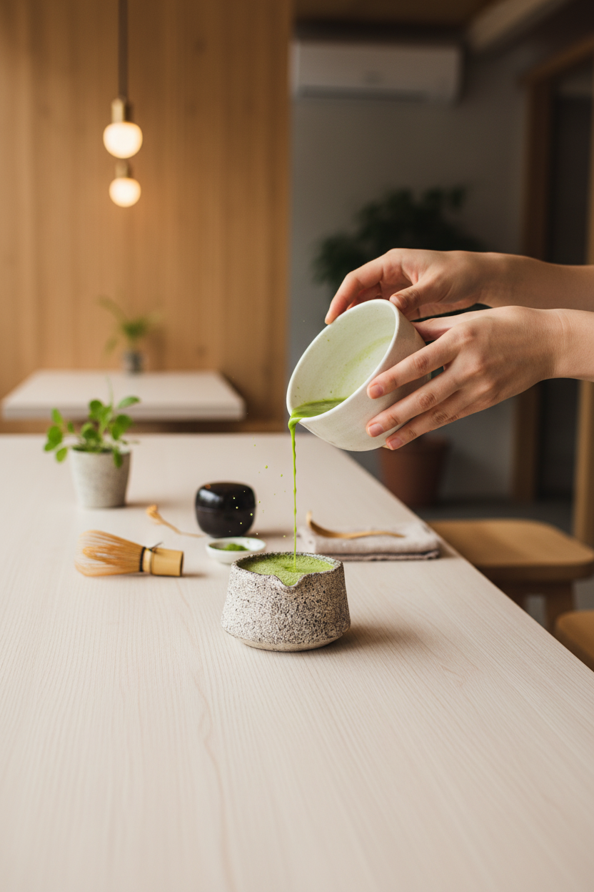Handmade Stoneware Matcha Bowl in cream with dense dark speckles, rounded shape and a tactile textured finish.