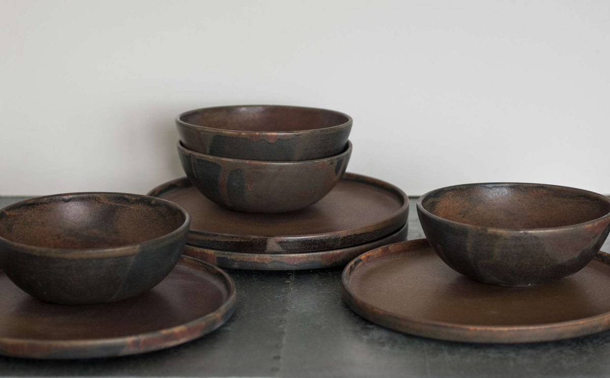 Matte rust stoneware soup bowl with unique reactive glaze, handmade in Ukraine