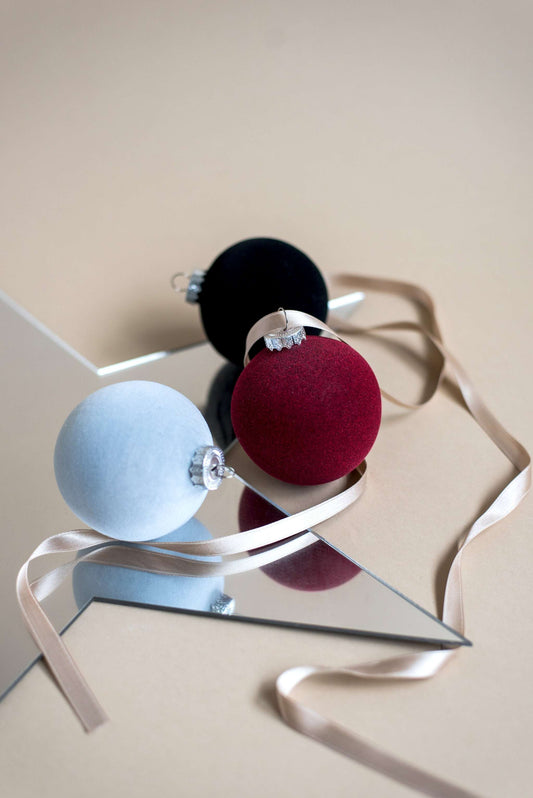 Porcelain Velour Christmas Ball ornament with silver cap and ribbon, hand made in Ukraine