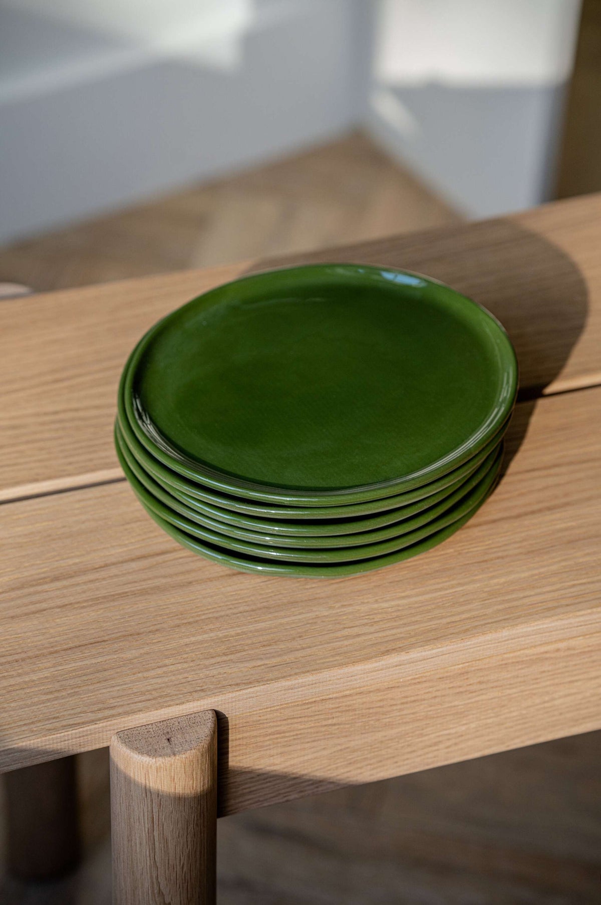 Handmade green porcelain dinner and salad plates set with glossy food-safe glaze