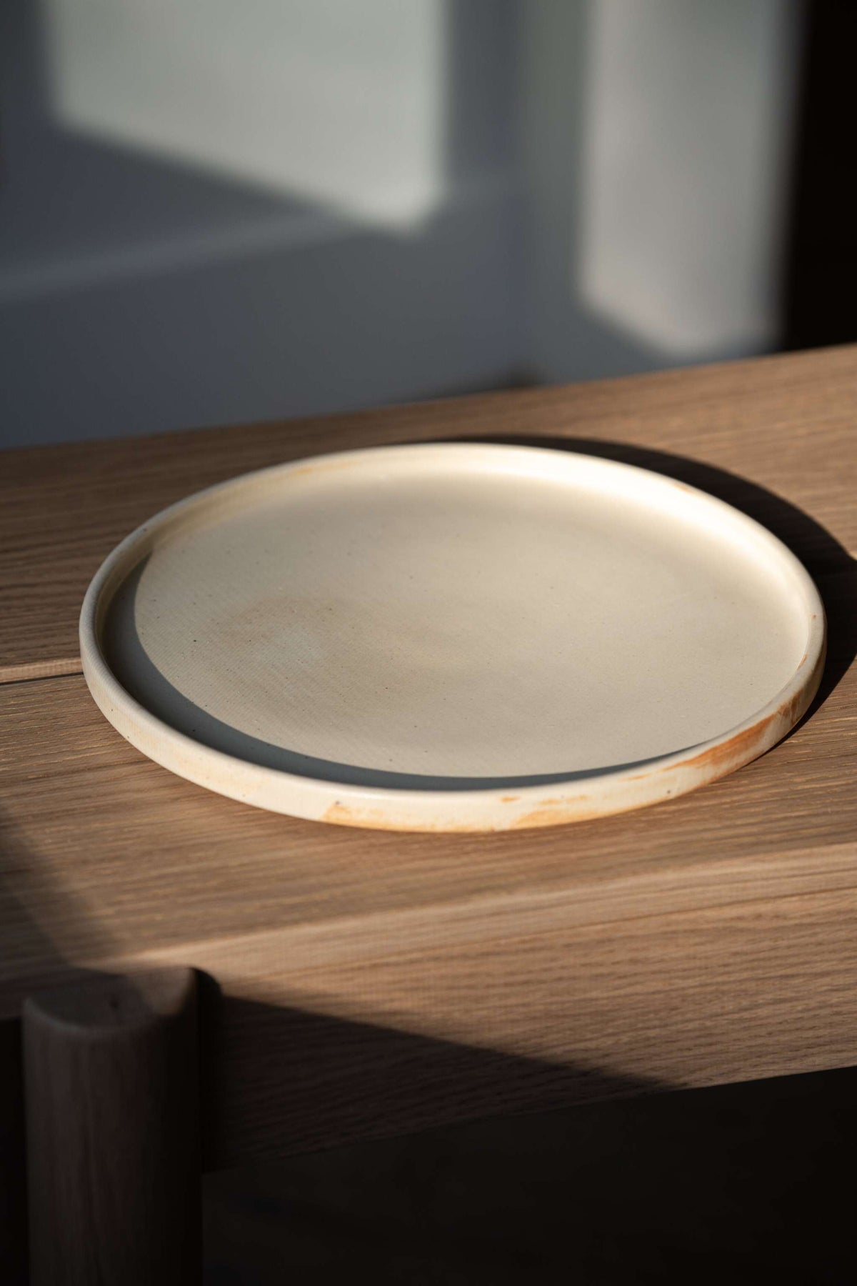 Beige matte stoneware dinner plates with unique reactive glaze, handmade in Ukraine, dishwasher and microwave safe