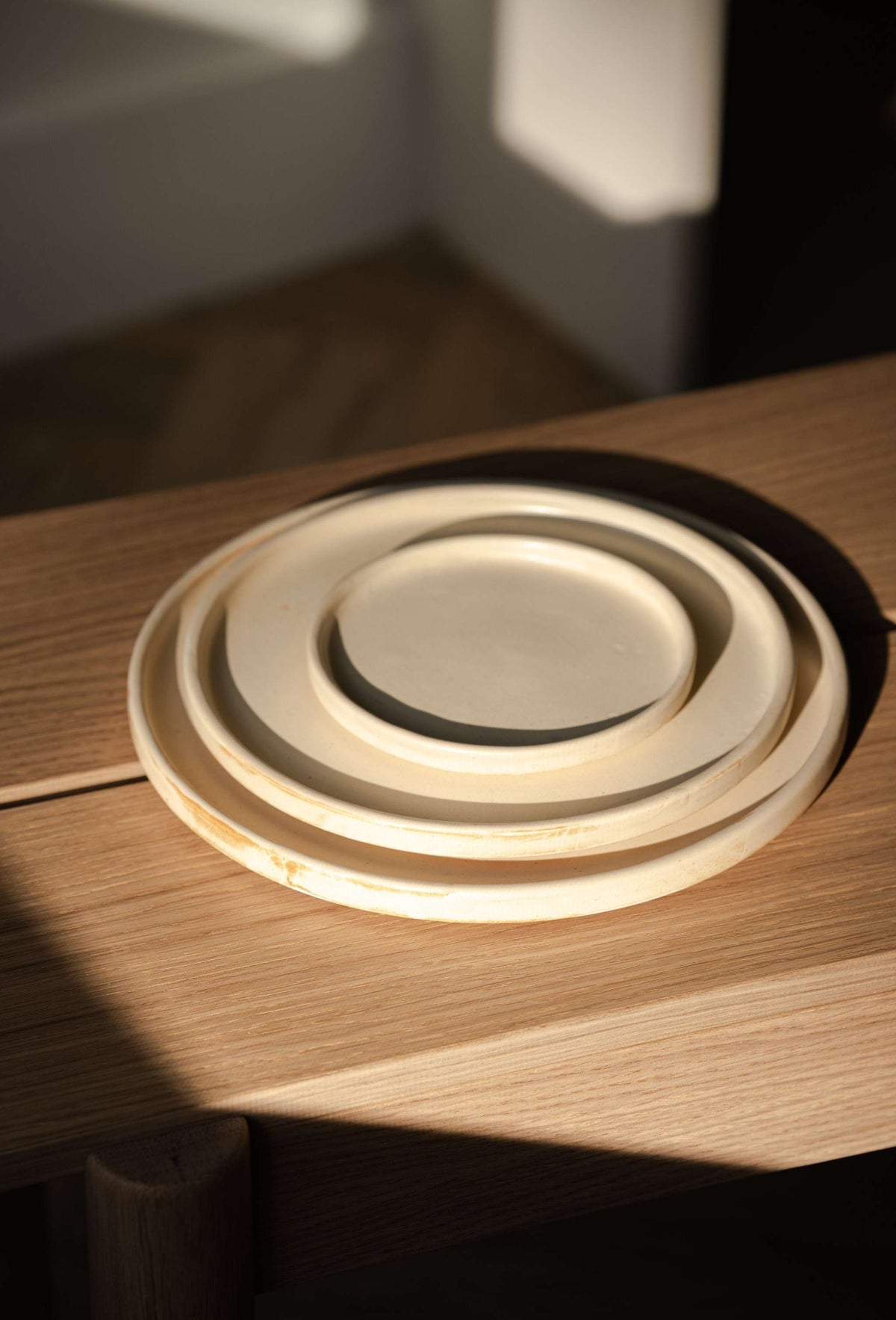 Beige matte stoneware dinner plates with unique reactive glaze, handmade in Ukraine, dishwasher and microwave safe