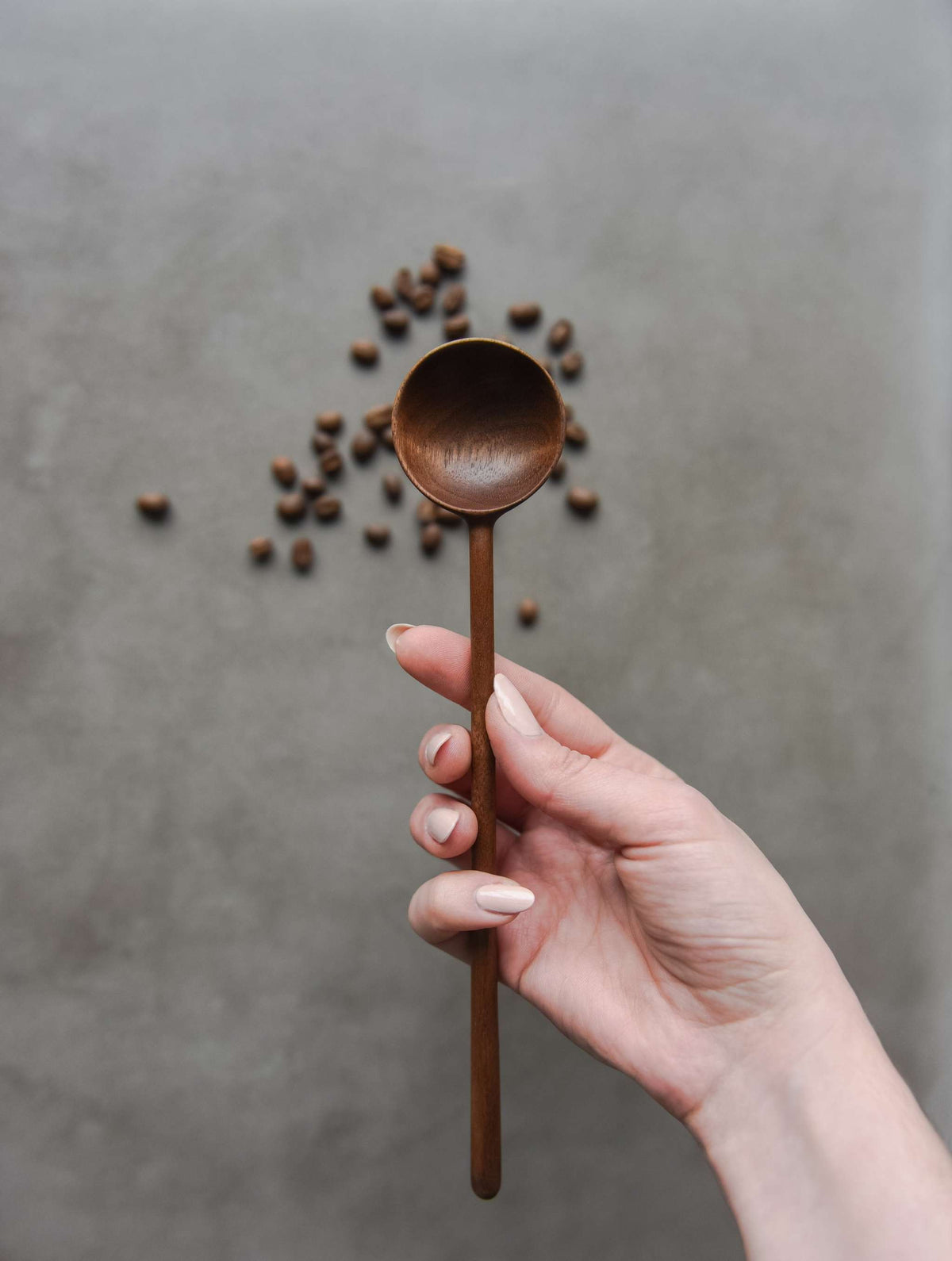Hand carved big walnut wood spoon for measuring coffee beans handcrafted in Ukraine