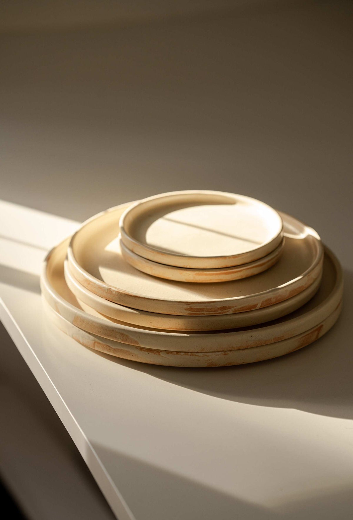 Beige matte stoneware dinner plates with unique reactive glaze, handmade in Ukraine, dishwasher and microwave safe