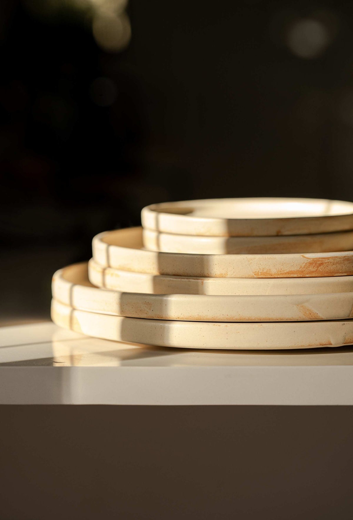 Set of beige matte stoneware dinner plates with unique reactive glaze, handmade in Ukraine, dishwasher and microwave safe