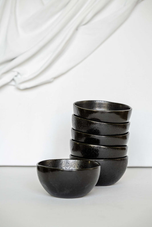 Black Stoneware Mini Bowl with matte glaze and glossy speckles, handmade and food-safe stoneware
