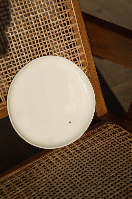 Handmade off-white porcelain dinner and salad plates with red heart and engraved wish, glossy finish, dishwasher safe