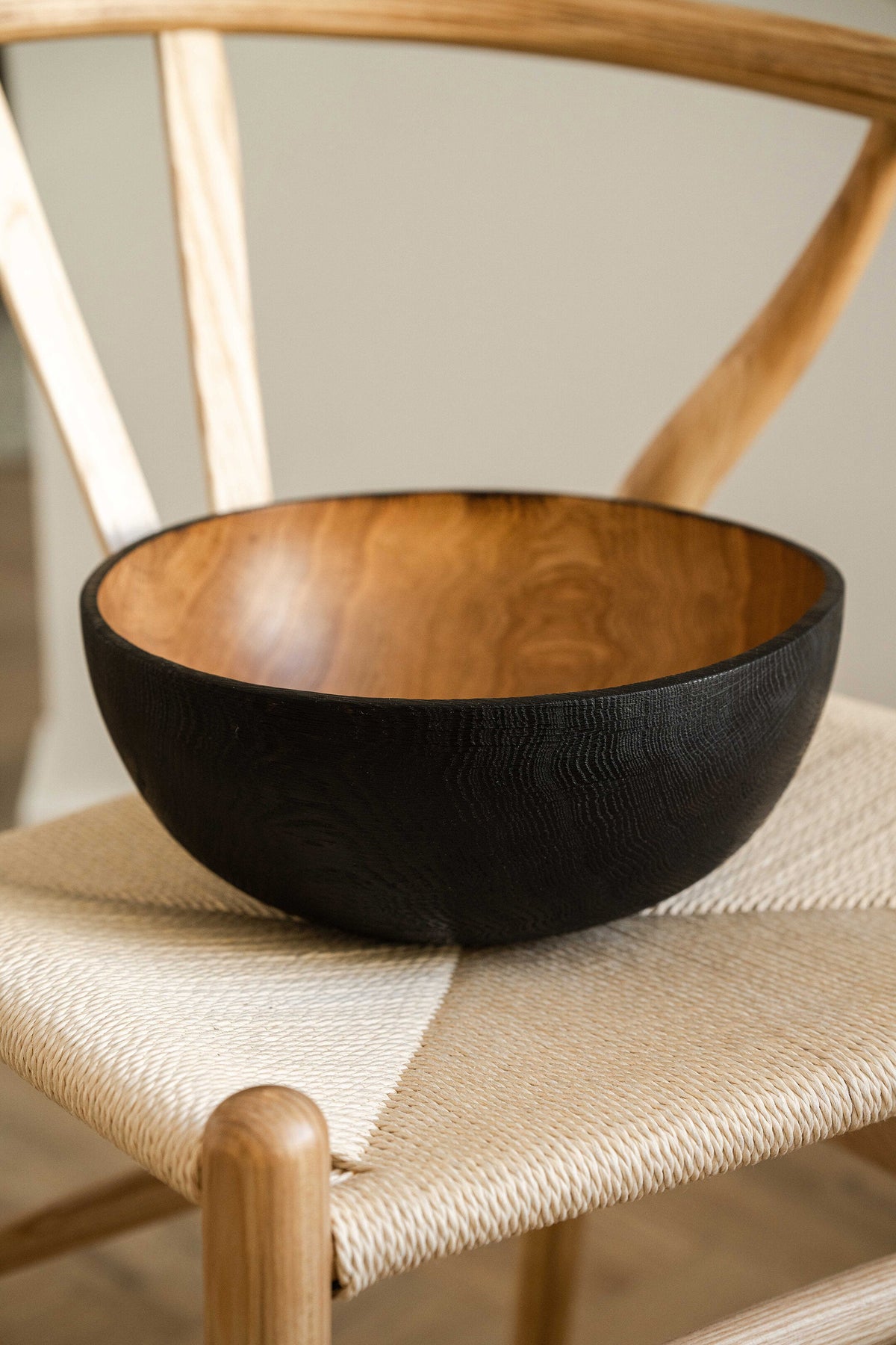 Hand carved large half charred wooden bowl with food-safe oil finish for fruits or vegetables