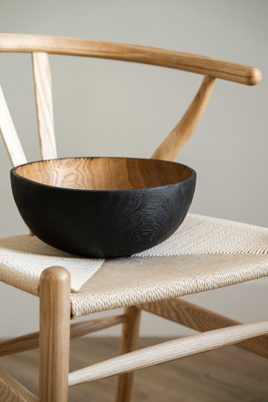 Hand carved large half charred wooden bowl made from solid oakwood with food-safe finish