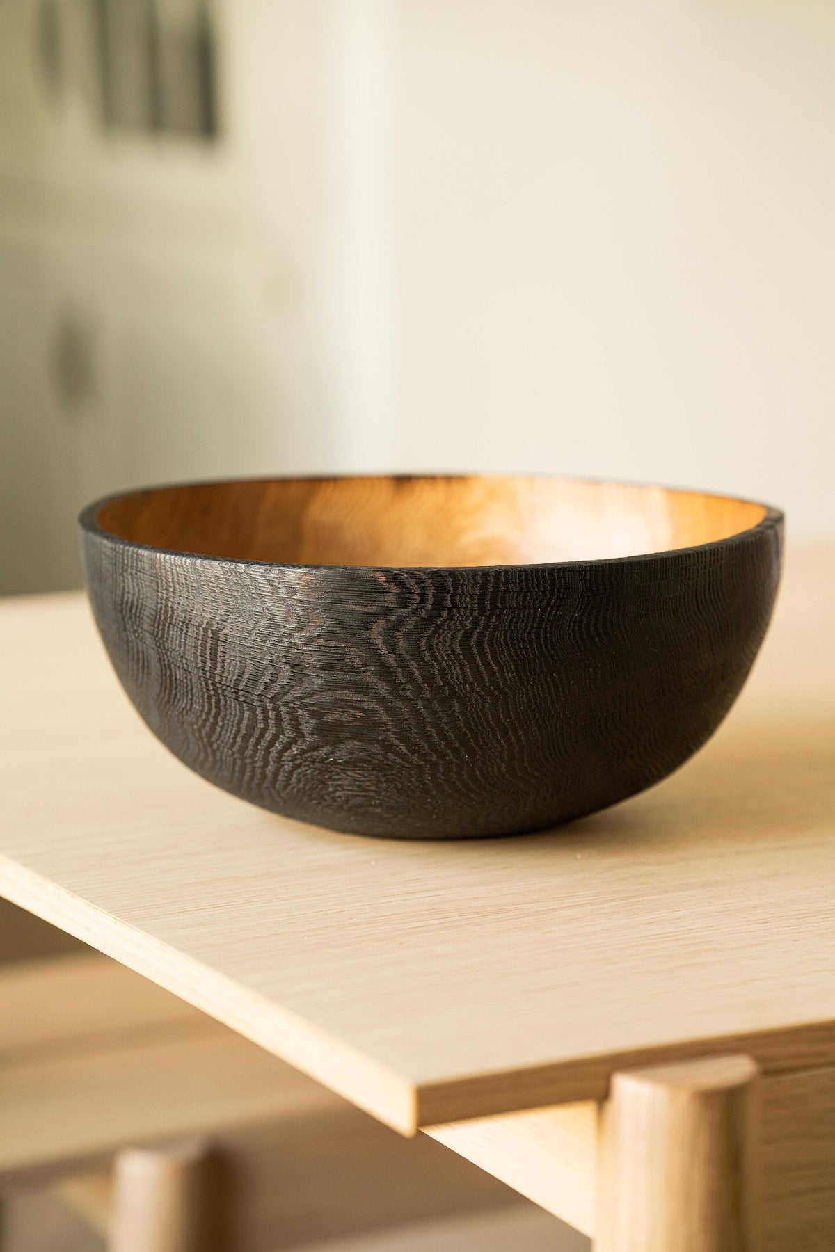 Hand carved large half charred wooden bowl with food-safe oil finish and natural wood texture