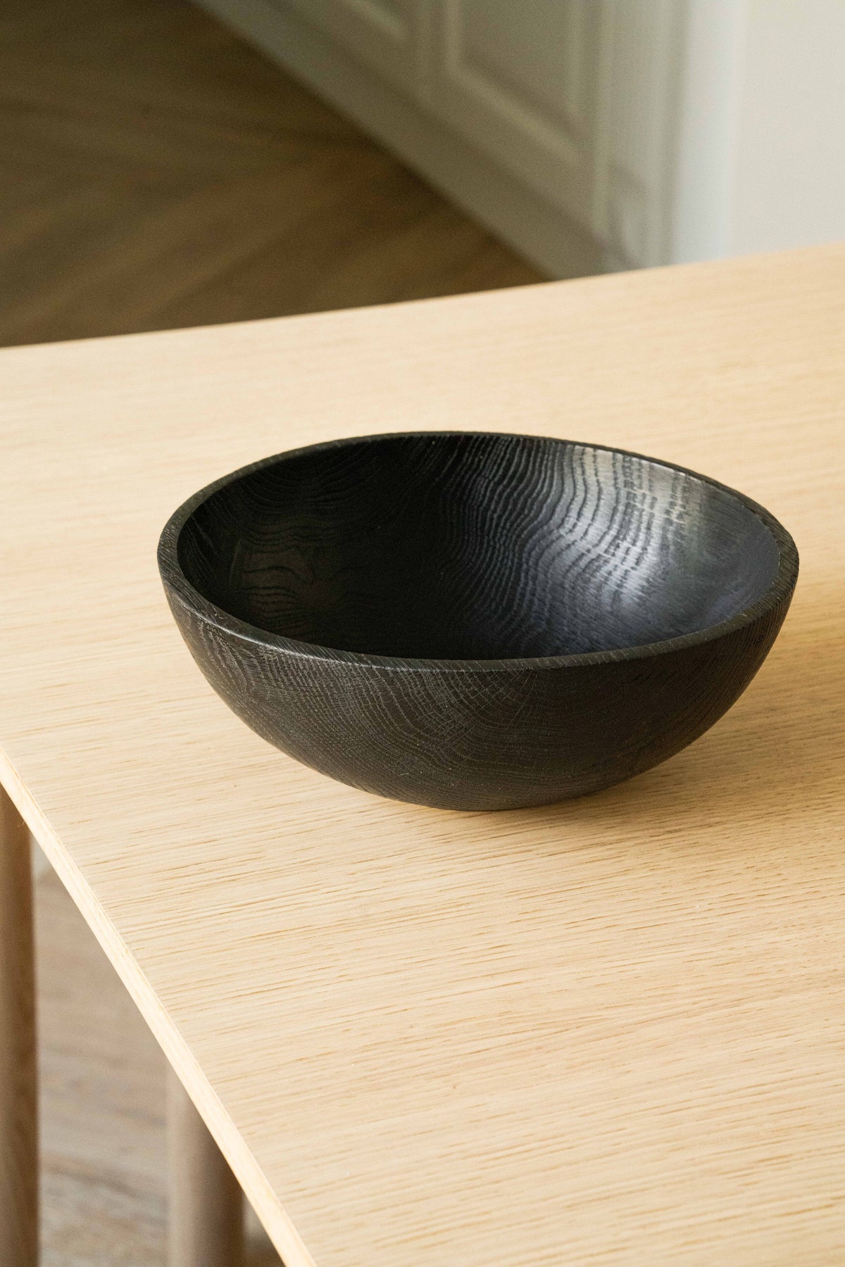 Hand-carved large charred ash wood bowl with food-safe finish, handmade in Ukraine, perfect for fruits and vegetables