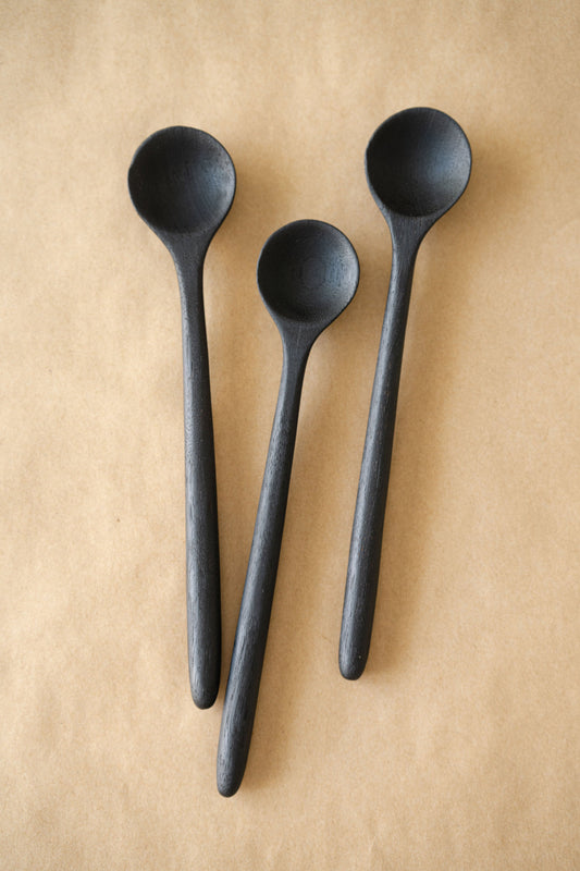 HandCarved charred walnut coffee spoon measuring 1.6 by 9.85 inches