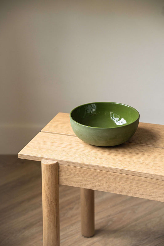 Handmade green porcelain salad bowl with matte exterior and glossy interior, food-safe and dishwasher safe
