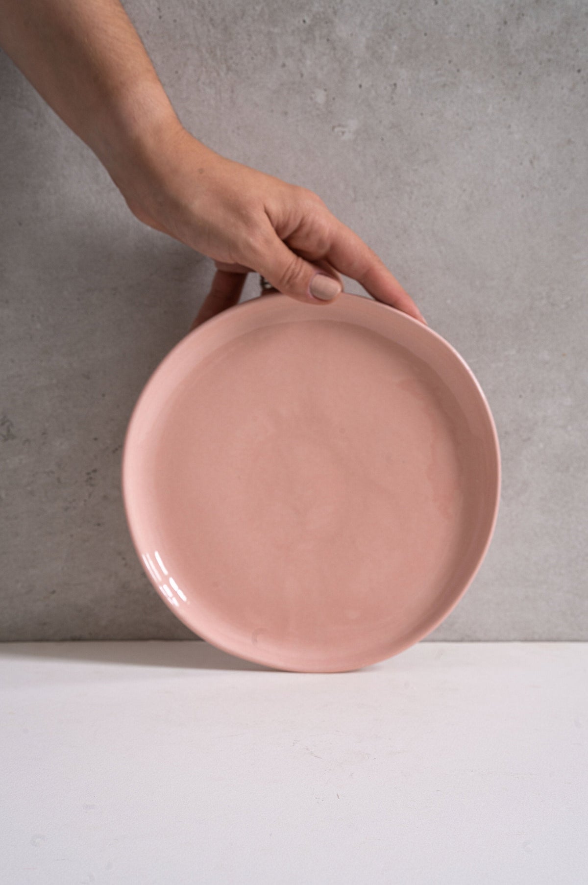 Handmade porcelain dinner plates set in powder pink with shiny glaze, dishwasher safe and made in Ukraine