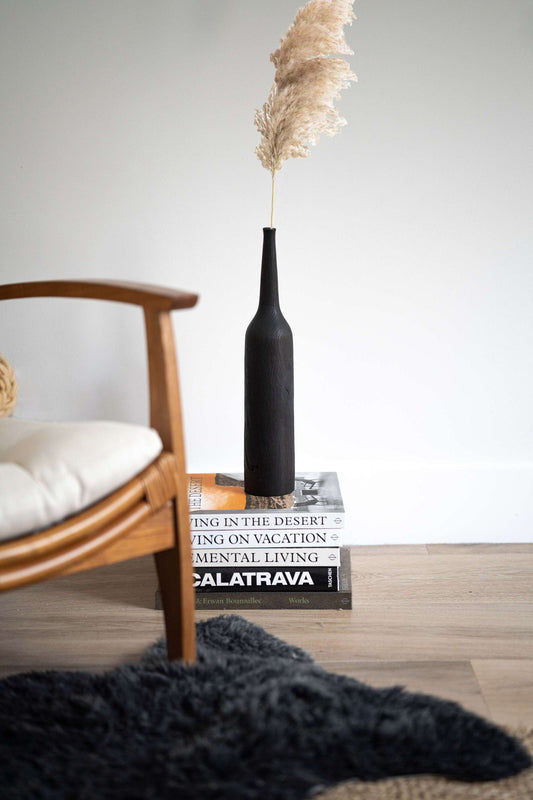 Tall charred oak wood vase with sharp shoulders and long neck, handcrafted in Ukraine.